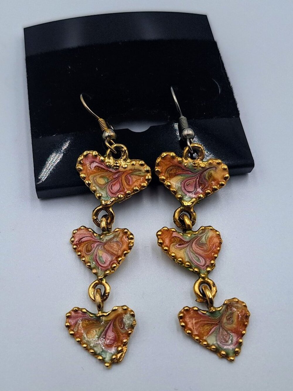 Vintage Iridescent Peach Paint Swirl 3 Tier Dangle Earrings Gold Accent 90s